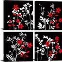 4 Pieces Black and White Red Flower Canvas Wall Art Abstract Painting Picture Print Blooming Floral Artwork Modern Contemporary Crimson Home Decor for Living Room Bathroom Zen Art 12x12x4pcs