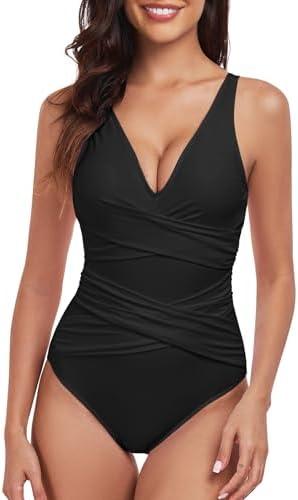 Jollkichay Women One Piece Swimsuit Tummy Control Bathing Suits for Women Slimming Ruched Swimsuits Cutout Swimwear Size S