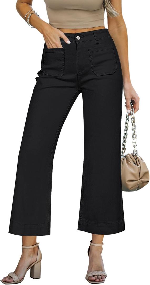 LookbookStore Wide Leg Cropped Jeans for Women High Waisted Stretchy Denim Jean Pants Baggy Flare Trouser Jeans Pockets, Small, True Black