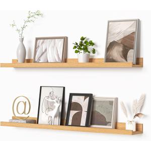 Heimlove Picture Ledge Shelf, Floating Shelves Set of 2, 36 Inches Picture Shelf for Wall with Ledge, Kids Bookshelf Wall Mounted for Living Room Bedroom Decor Books Photo Frames - Natural Oak