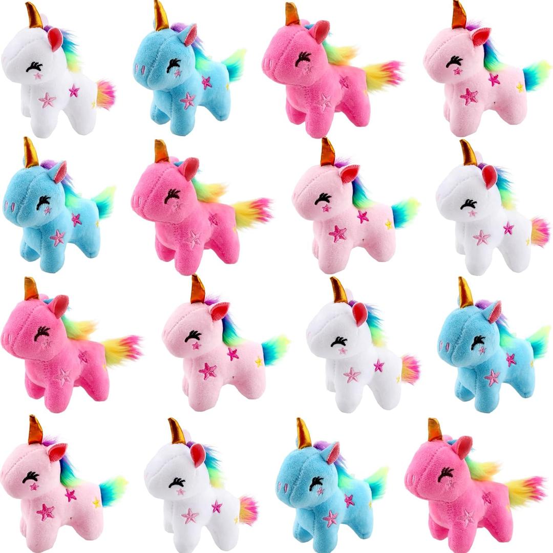 16 Pack Mini Plush Unicorn Toys Small Stuffed Unicorn Cute Plush Keychain Stuffed Animal Toys Bulk for Christmas Birthday Wedding Party Favors, 4 Colors
