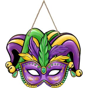 mardi gras Door Decorations, Jester Mask Front Door Sign, Jester Mask Wood mardi gras Door Hanger for Door Wall Hanging Decoration, Carnival Holiday Party Decor Supplies