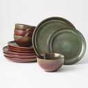 Pokini Stoneware Dinnerware Sets Service for 4, 12 pcs Reactive Glaze Plates and Bowls Sets, Handmade Ceramic Dish Set, Highly Chip and Crack Resistant Modern Plate Set, Brown Green