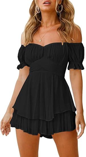 Fixmatti Women Ruffle Rompers Strapless Short Sleeve Chiffon Shorts Jumpsuit Summer One Piece Outfit Black S