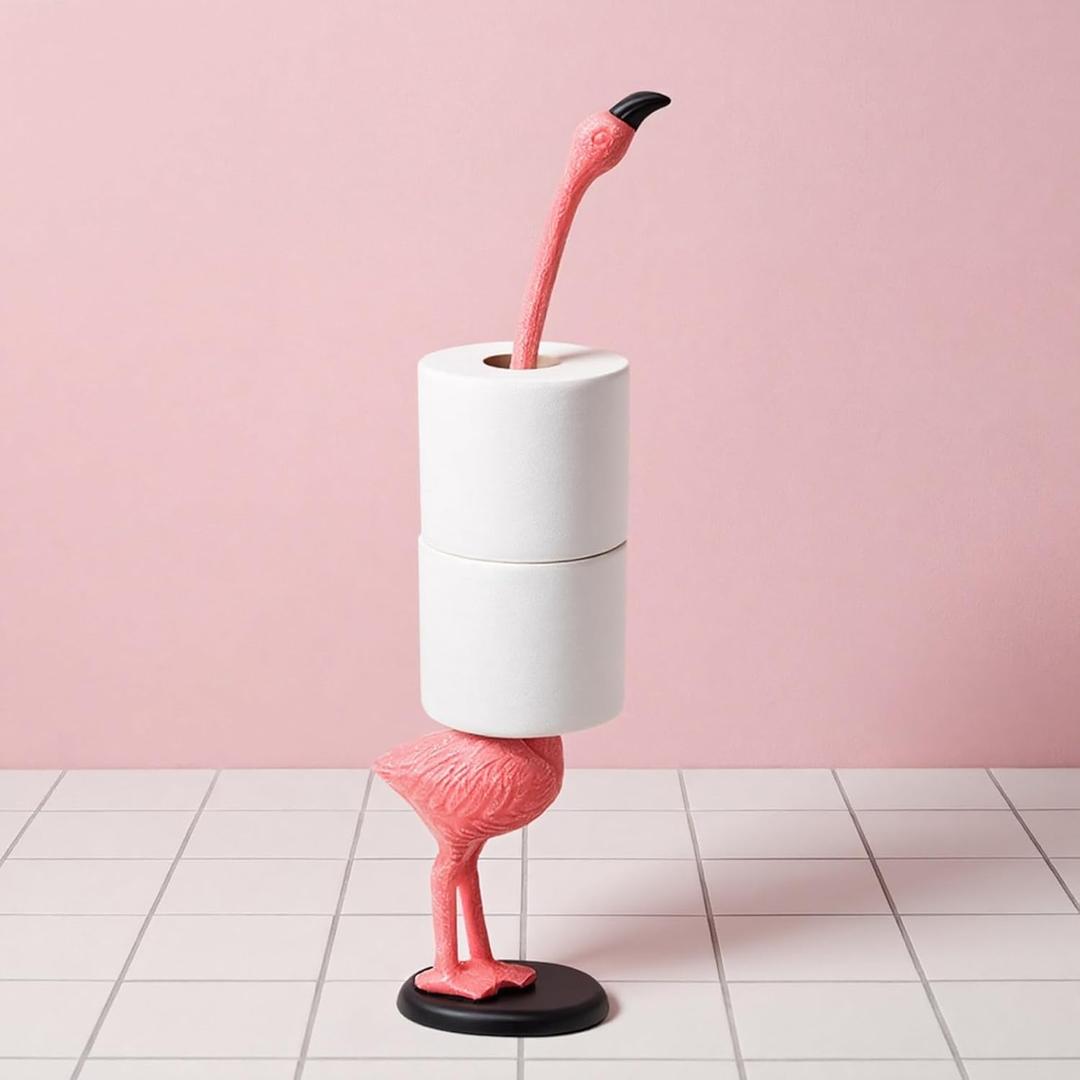 Maxdot Pink Flamingo Paper Towel Holder 18.7'' Cast Iron Paper Towel Holder Tropical Pink Standing Flamingo Gift Decorative Women Craft Display for Bathroom Toilet