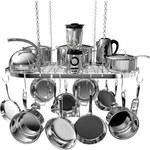 Vdomus Hanging Pot Rack - Ceiling Mount Kitchen Organizer for Pots and Pans with 15 Hooks - 33 x 17 Inches Heavy-Duty, Durable and Space-Saving Pan Holder - Silver