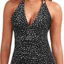 Women's Halter Tankini Top V Neck Swim Top Tummy Control Bathing Suit | Adjustable Straps, Removable Cups, Backless, Full lining, Dry Quickly, Full Torso Modesty Via Long Hem (M)