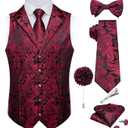 DiBanGu Silk Vest Tie Set for Men, Woven Paisley Dress Waistcoat and Bowtie Pocket Square Cufflinks Lapel Pin Formal Suit Vest, Wine Red, 3X-Large