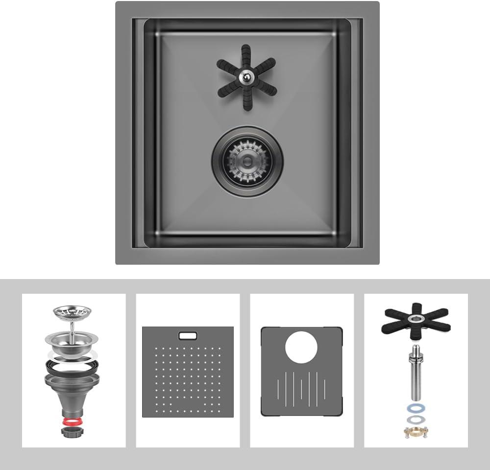 15inch Bar Sink, 16 Gauge T-304 Stainless Steel Single Bowl Bar Kitchen Sink with Glass Rinser, Undermount or Drop in,Black (1515)