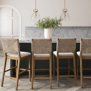 Nathan James Beacon Bohemian Boucle Bar Stool with Back, Bar Height Kitchen Island Chair, Seagrass Bar Stool, Cream Boucle/Brushed Light Brown, Set of 4