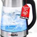 Mueller RapidBoil Electric Kettle 1.8L  Borosilicate Glass & Stainless Steel  BPA-Free Tea Kettle, LED Light, Auto Shut-Off, Boil Dry Protection Water Heater  Fast Heating, Kitchen Essentials
