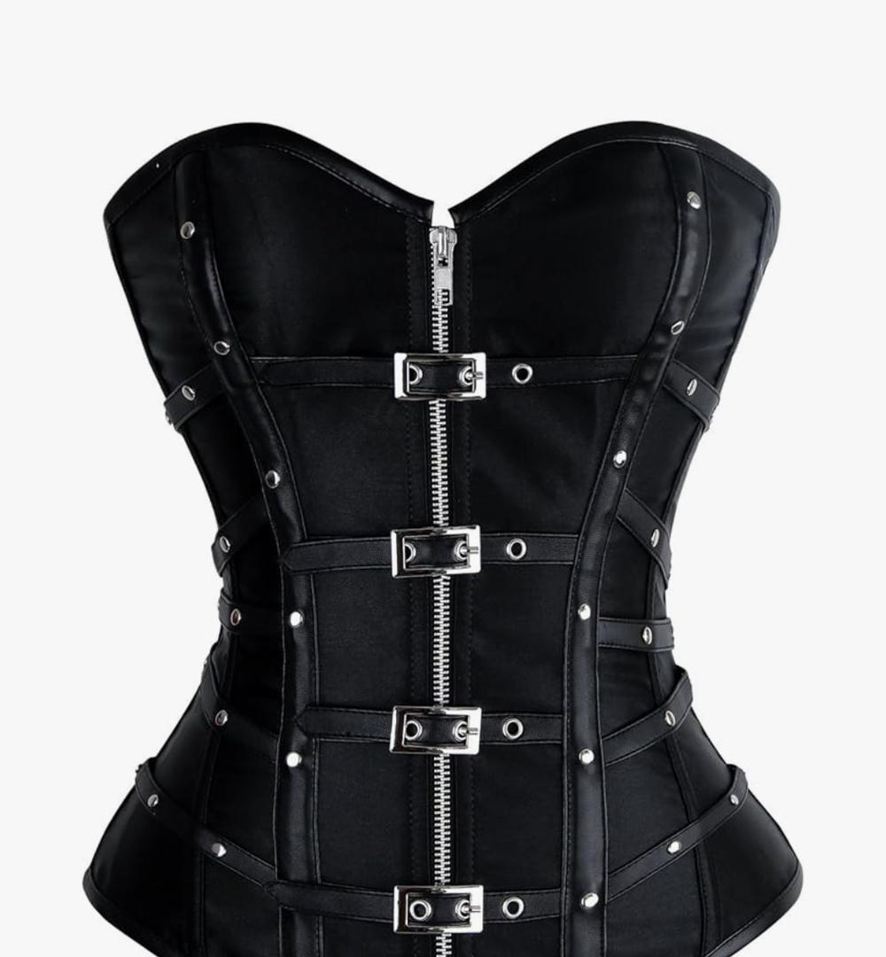 Charmian Women's Gothic Punk Satin Boned Zipper Overbust Corset Top with Buckles,M
