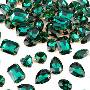 48PCS Emerald Crystal Sew On Rhinestones Gold Prong, Assorted 6 Large Shapes No Tiny Pieces, Sewing Gems for Costume Bags Shoes Jewelry Making