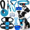 No Pull Dog Harness Adjustable Collar & Leash Set - Dog Halter Harnesses Collapsible Bowls & Poop Bag Dispenser Muzzle ID Tags Toys Fits Dogs (Blue-M)