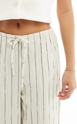 Women Casual Drawstring Elastic Waist Striped Wide Leg Pants with Pockets M