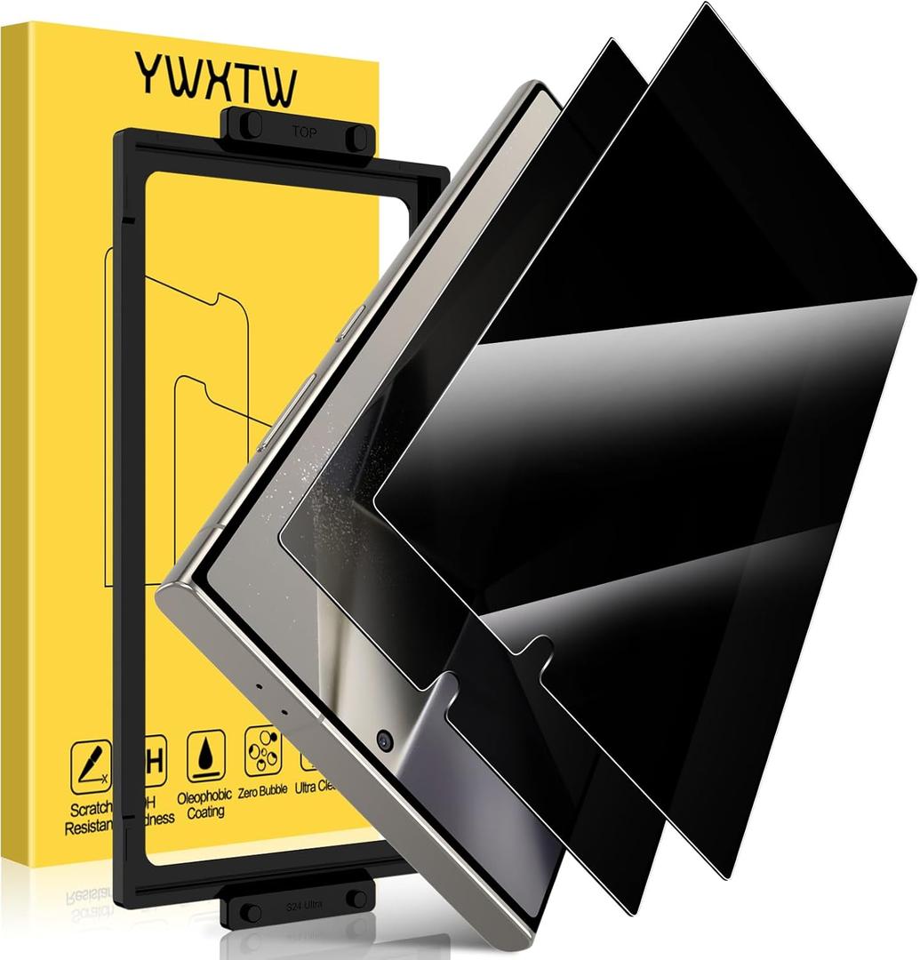 YWXTW EZ Unlock for Samsung Galaxy S24 Ultra Privacy Screen Protector, [0.1S Ultrasonic Fingerprint Support] [Not Glass] 25 Anti Spy Private S24 Ultra Screen Protector Case Friendly, 2 Pack (Black)