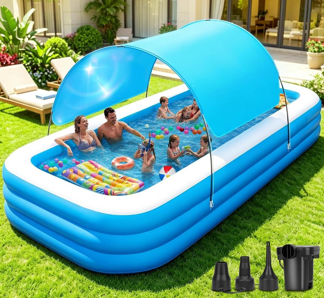 Extra Large Inflatable Pool with Canopy Pump, 145" x 74" x 22" Large Blow Up Pool for Adults Family, Full Size Inflatable Swimming Pool with Big Shade for Backyard Outdoor
