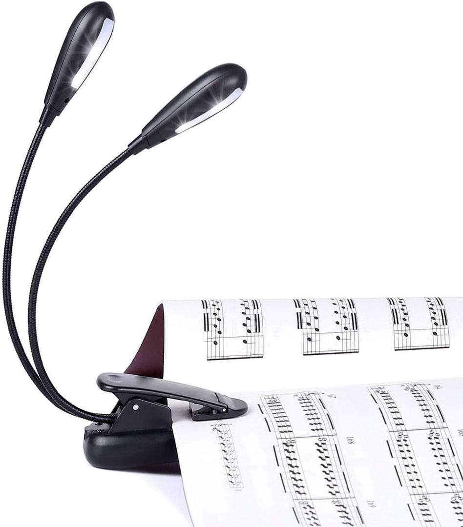 Rechargeable Music Stand Light, Clip on Reading Light, 8 LED Book Lamp, 3-Level Brightness for Eye Protection, Perfect for Piano, Orchestra, Bookworms, Craft (White & Warm, Dual Arm)