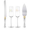 Boao 4 Pieces Wedding Toasting Flutes and Cake Server Set Wedding Reception Supplies Champagne Glasses Cake Knife Pie Server (Gold, Classic)