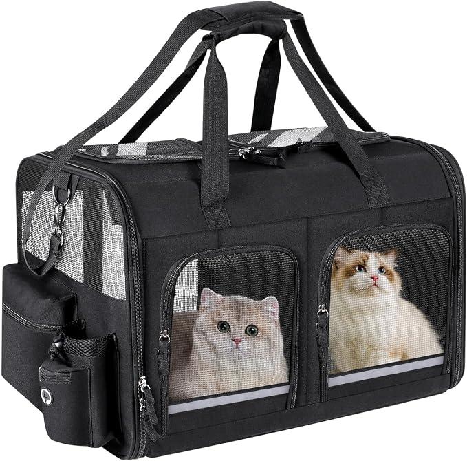 Cat Carrier for 2 Cats, Foldable Double Cat and Dog Carrier, Small to Medium Size, 2 Front Zippered Compartments,Two Pets Carrier for Outdoor Travel,Mulitple Cat Carrier, Black