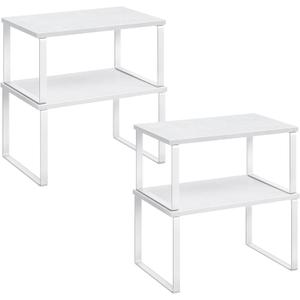 SONGMICS Cabinet Organizer Shelf, Set of 4 Kitchen Counter Shelves, Kitchen Storage, Spice Rack, Stackable, Expandable, Metal and Engineered Wood, Cloud White and Snow White UKCS027W01