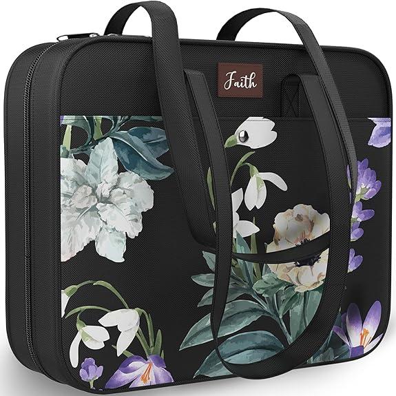 DEHITE Bible Cover Case for Women – Grey Floral Carrying Case – Tote Bags – Book Size 11.8 x 10 x 4.1 in – Premium Fabric