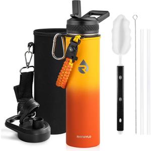 Insulated Water Bottle 24oz, Triple Wall Vacuum Stainless Steel (Cold for 48 Hrs, Hot for 24Hrs), Leak Proof & Non-BPA, 24oz Hydro Water Flask with Paracord Handle & Straw Spout Lids (Ombre Orange)