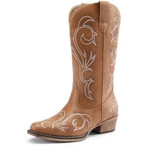 DREAM PAIRS Women's Cowboy Boots Mid Calf Cowgirl Boots Square Toe Chunky Heel Embroidery Stitched Western Boots 6.5