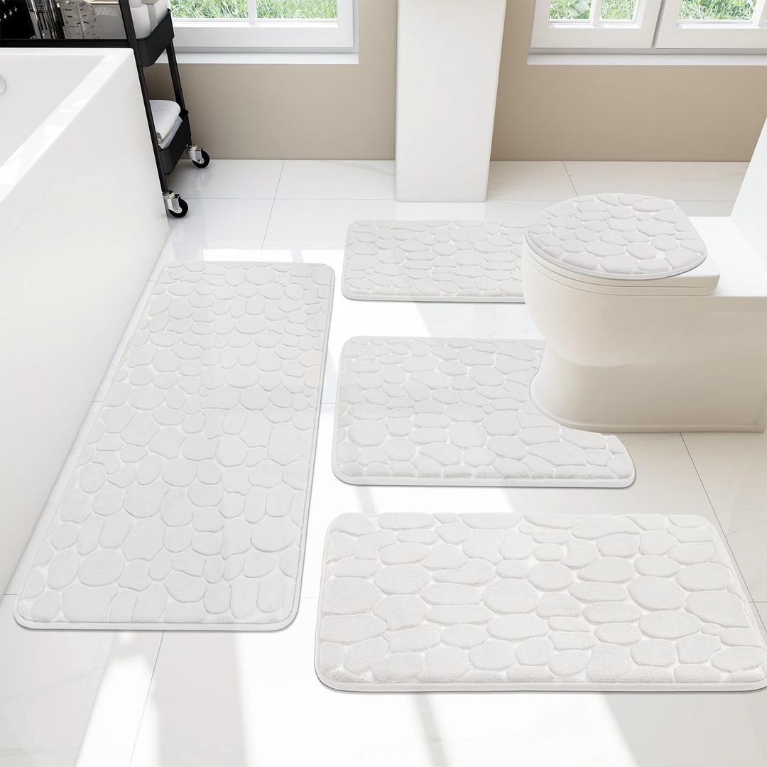 YIHOUSE Memory Foam Bathroom Rug Sets 5 Piece, Ultra Absorbent Bath Mat for Bathroom  NonSlip Machine Washable & Dry Quickly, 5 Piece Bathroom Mat Set,White