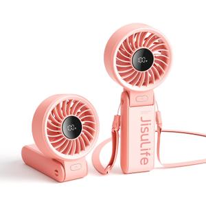 JISULIFE Handheld Fan Life7  Ultimate Flexibility: High-Power Motor, LED Display, 19.5 Hrs Cooling, 5000mAh Rechargeable, 5-Speed, Foldable Design, 3-IN-1 Portable Fan for Travel Cruise Beach(Pink)