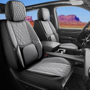 Car Seat Cover Custom Fit for Dodge Ram 1500 2500 3500 2002-2025 Faux Leather Seat Cover Set Compatible with Crew Quad Regular Cab Pickup Truck Cushions (Black & Grey, Front Seat)