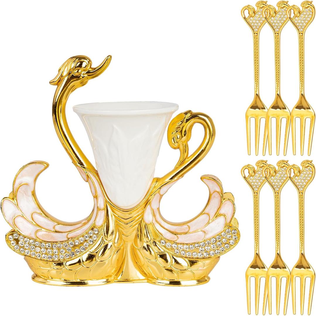 Gold Dessert Forks, Swan Base With 6 Pcs Mini Forks Set,4.5" Charcuterie Forks- Very Suitable for Dessert Shops or Family Use
