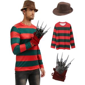Men Women Nightmare Killer Claw Glove Hat Halloween Fancy Dress Shirt Costume (XX-Large)