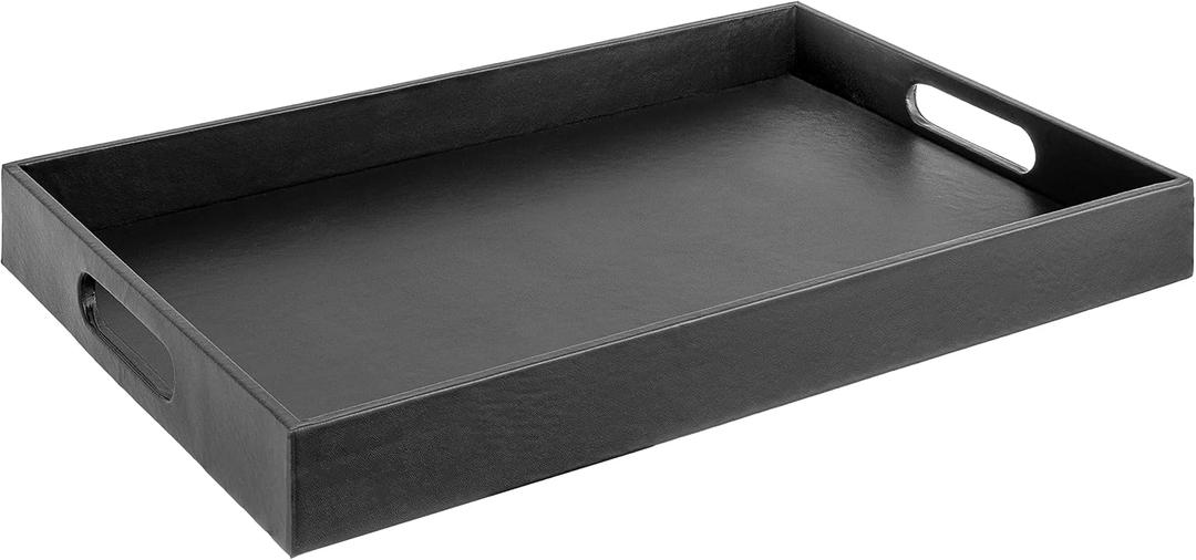 Beautiful Modern Elegant 18"x12" Rectangle Classic Black Faux Leather Decorative Tray Ottoman Coffee Table Perfume Living Room Kitchen Serving Tray with Handles for All Occasion's