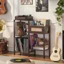LELELINKY Record Player Stand, Vintage Walnut Wood Record Holder with Vinyl Storage Holds up to 300+ Albums, 3-Tier Rattan Media Table with Vinyl Display Shelf, Record Storage Cabinet for Living Room