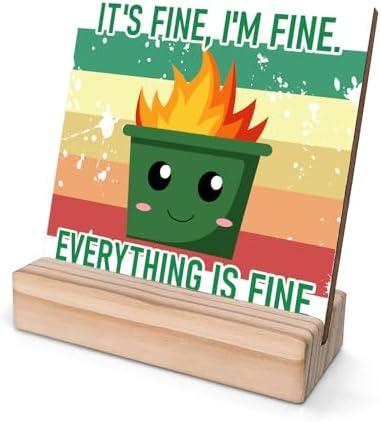 Pack of 2, Dumpster Fire Desk Accessories, It's Fine I'm Fine Everything is Fine, Funny Desk Sign, Coworker Gifts, Office Gifts for Women Men, Emotional Support Dumpster Fire Wood Sign-ZMMP02