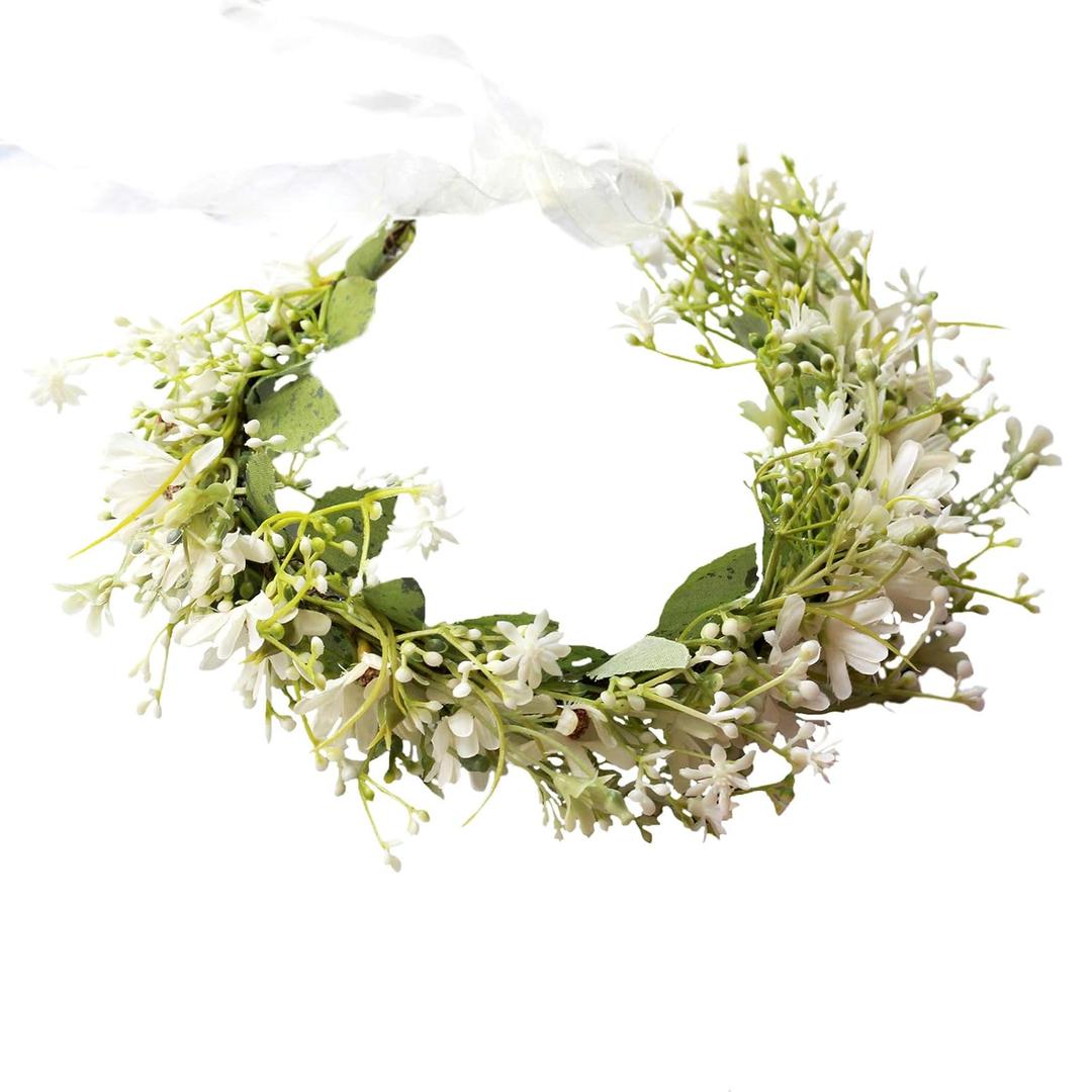 Vivivalue Daisy Flower Crown Floral Wreath Headband Hair Garland Flower Halo Headpiece with Ribbon Wedding Party Festival Photos White (54)