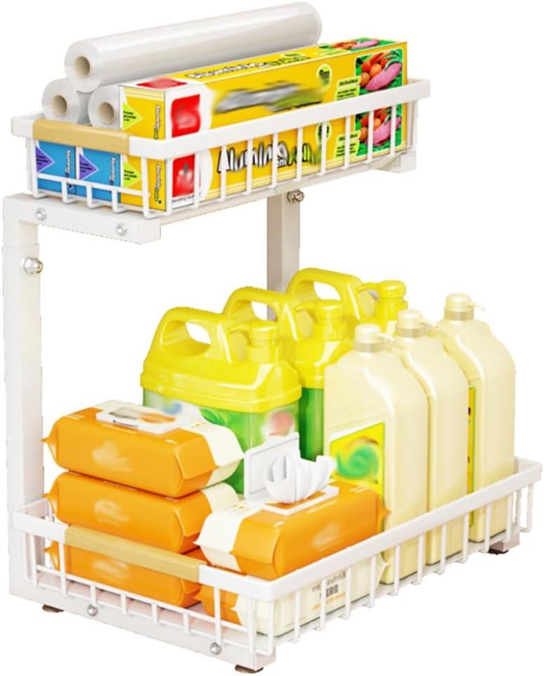 2-Tier Under Sink Organizers Sliding Pull-Out Cabinet Storage Shelf, Metal Drawer for Kitchen, Bathroom Pantry Closet Organization Rack Rust-Resistant Heavy-Duty (White)
