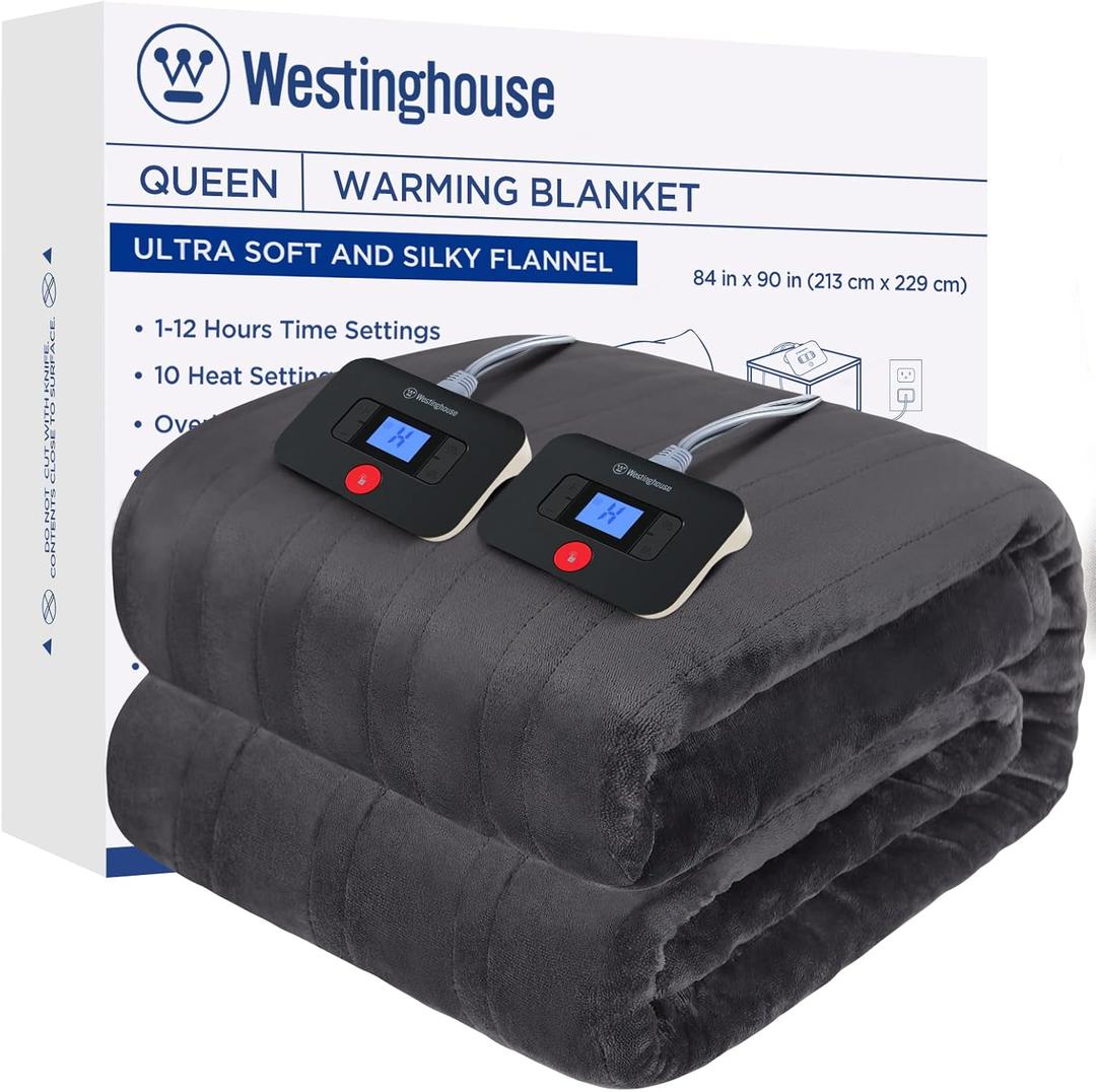 Westinghouse Electric Blanket Queen Size, Super Cozy Soft Flannel 84"" x 90"" Heated Blanket with 10 Fast Heating Levels & 1-12 Auto-Off, Machine Washable, ETL&FCC Certification, Charcoal