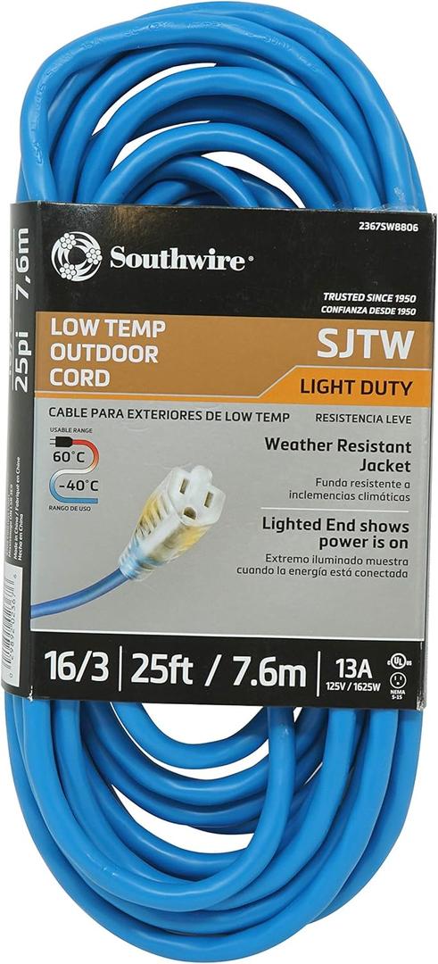 Southwire Coldflex Light Duty Extension Cord - 16/3 Gauge SJTW - Lighted Ends for Power Visibility - Reinforced Blades for Safety - Flexible in Extreme Cold - Blue - 25 Feet Southwire Coldflex Light Duty Extension Cord - 16/3 Gauge SJTW - Lighted Ends for Power Visibility - Reinforced Blades for Safety - Flexible in Extreme Cold - Blue - 25 Feet
