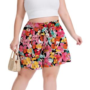 Plus Size Shorts for Women Casual Elastic Waist Wide Leg Flowy Shorts with Pockets Summer Vacation Outfits (XXXL)