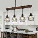 29.5  4-Light Kitchen Chandeliers Over Table, Farmhouse Black Dining Room Light Fixture, Linear Rustic Wood Ceiling Pendant Island Light Fixtures with Metal Lampshade, Height Adjustable
