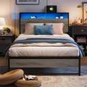 LINSY Twin Bed Frame with Ergonomic Headboard, 14 inch Fast Assembly Metal Bed with LED Lights, Outlets & USB, Kids Twin Size Bed Frame, Noise Free, No Box Spring Needed, Greige