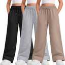 Teen Girls Sweatpants Wide Leg Drawstring Elastic Waist Pants Straight Leg Athletic Trousers with Pockets (9-10 Years, Khaki, Light Heather Gray, Black)