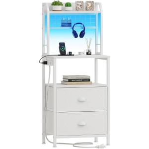 Furologee 40'' Tall Nightstand with Charging Station, Bedside Table with LED Lights, End Table with 2 Drawers and Storage Shelves, Night Stand with Pegboard for Bedroom, White