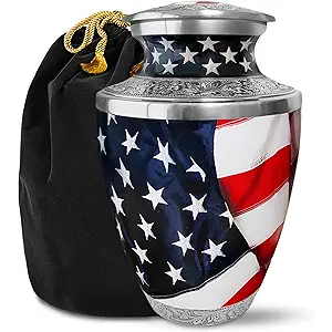 American Flag Cremation Urns for Human Ashes with Velvet Bag - Handcrafted Aluminum Funeral Memorial Burial Urn for Ashes Adult Male and Female (Large)