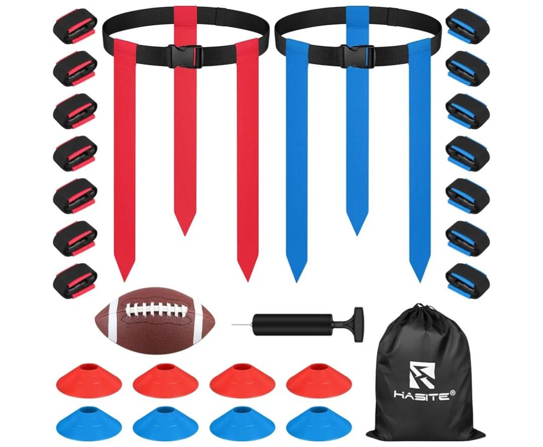 Flag Football Set, 14 Player Adjustable Flag Football Belts, 42 Flags, 8 Practice Cones, Size 3 Football, Pump and Bag, Perfect for Youth, Adults and Children to Capture The Flag