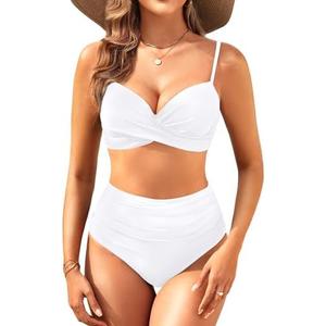 Aqua Eve Women Underwire Bikini High Waisted Bathing Suit Tummy Control Two Piece Swimsuit, XXL, White