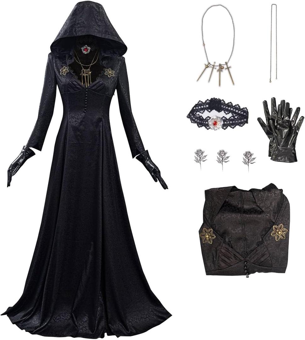 Lady Village Costume Gothic Cosplay Dress Black Hooded Dress Halloween Vampire Cosplay (X-Small)