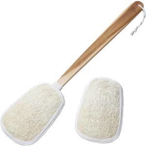 FAAY 17 Inch Natural Exfoliating Loofah Back Scrubber On a Stick with Luffa Sponge Pads Refills  Long Handle Loofa Body Bath & Shower Brush for Men & Women